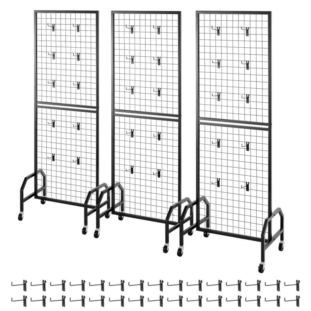 Black Grid Wall Panel 6-Piece Set Heavy-Duty Steel Display Rack Mobile Floor Standing